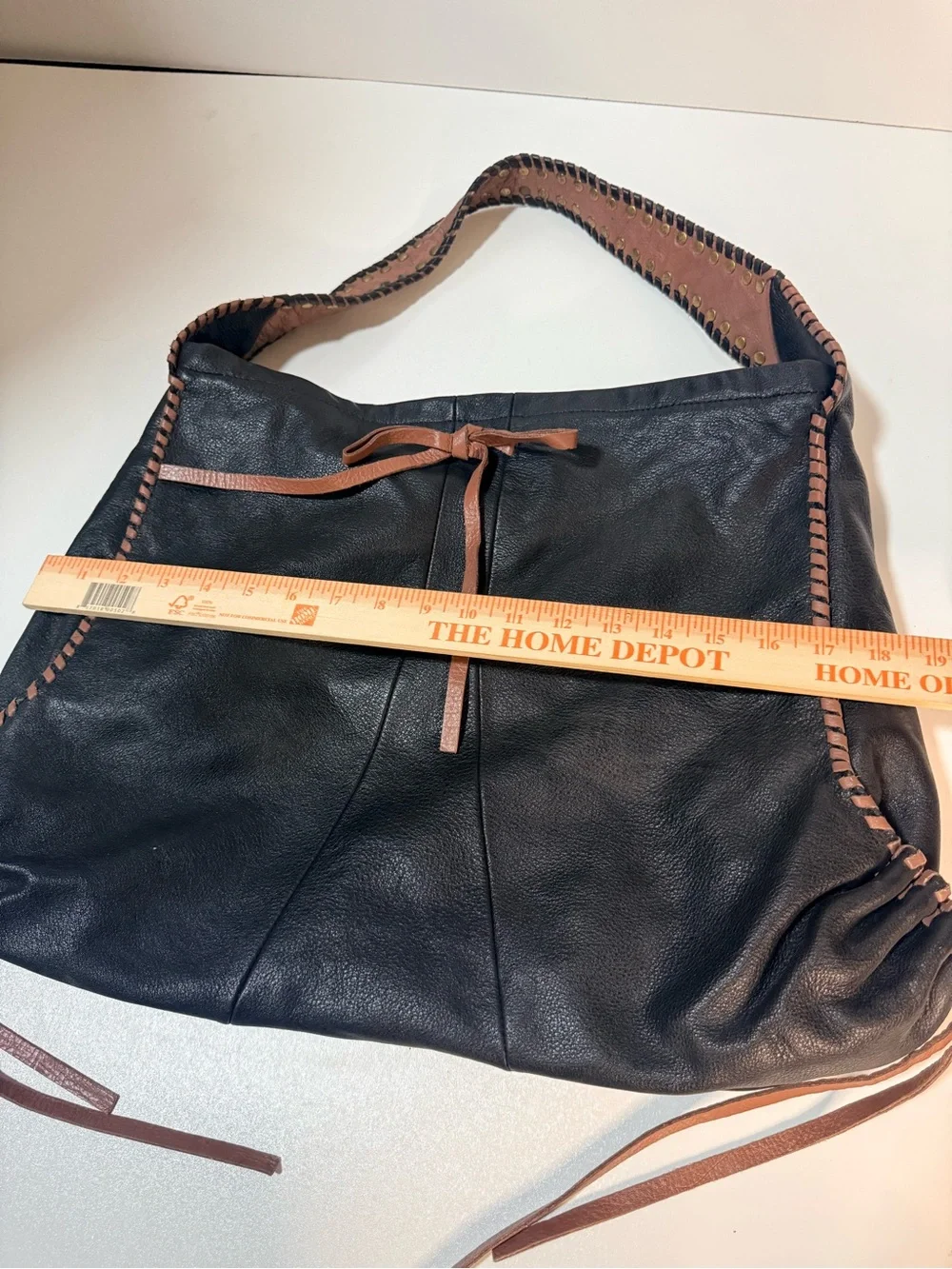 Muxo Black Leather Shoulder Hobo Bag with Brown Trim